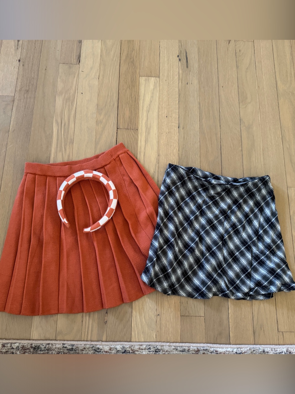 Kids size 8 Old Navy Orange Pleated Knit Skirt with Black Plaid Mini